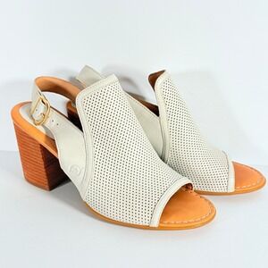 Born Perforated Leather Slingback Sandals Block Heel Wood Stacked‎ Women's 10M